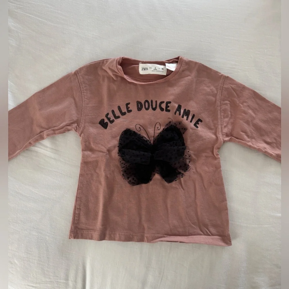 Zara Toddler Girls Long Sleeve Dotted Mesh Butterfly Appliqué Shirt Size 3